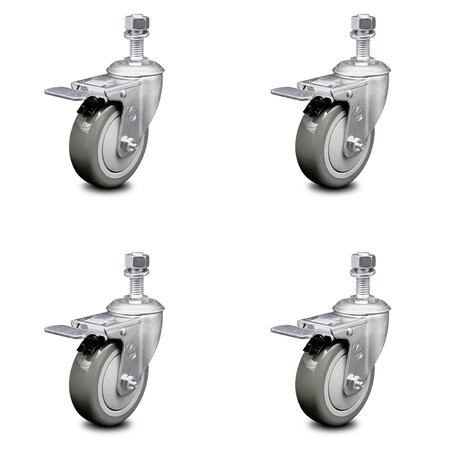 Service Caster 4 Inch Gray Polyurethane Swivel 12mm Stem Caster Set with Total Lock Brake SCC-TSTTL20S414-PPUB-M1215-4
